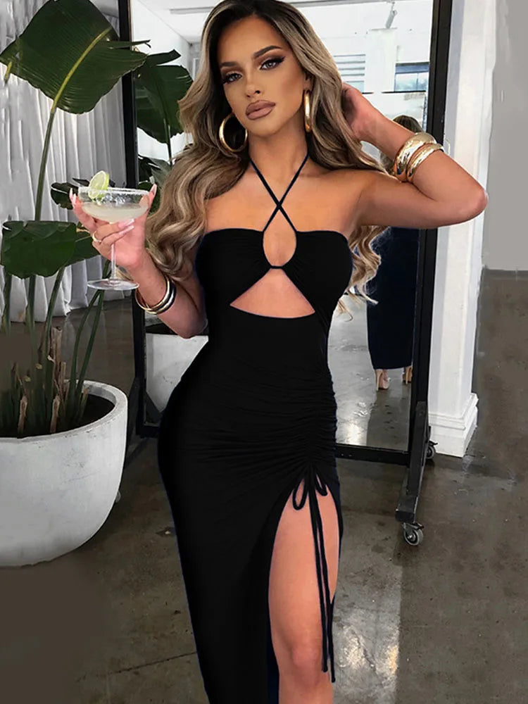 Backless Bodycon Midi Dress – Sleeveless Curve-Hugging Night Out Dress