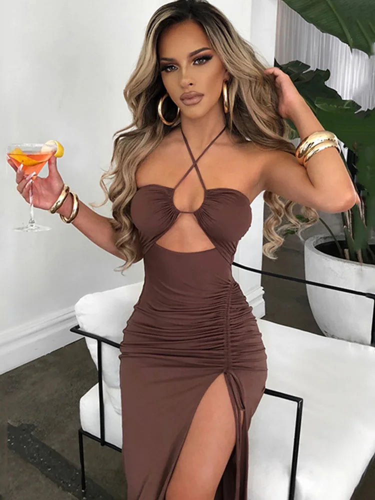 Backless Bodycon Midi Dress – Sleeveless Curve-Hugging Night Out Dress