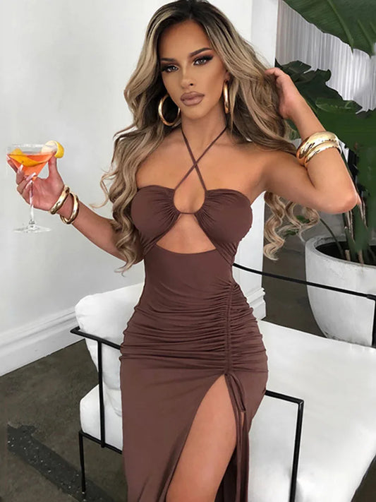 Backless Bodycon Midi Dress – Sleeveless Curve-Hugging Night Out Dress